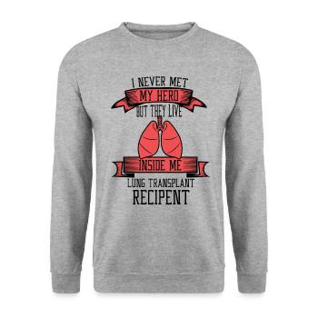 I never me my hero Lung transplant recipent - Unisex Pullover - Weißgrau meliert - Vorne - Alina (178cm) & Michal (187cm)