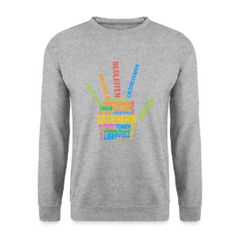 Retro Grafik Kindertagesstätte Babysitter Kindergä - Unisex Pullover - Weißgrau meliert - Vorne - Alina (178cm) & Michal (187cm)
