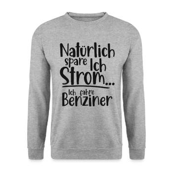 Natürlich spare ich Strom Ich fahre Benziner - Unisex Pullover - Weißgrau meliert - Vorne - Alina (178cm) & Michal (187cm)