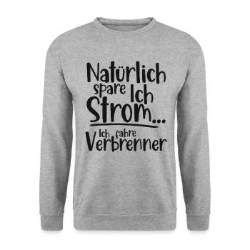 Natürlich spare ich Strom Ich fahre Verbrenner - Unisex Pullover - Weißgrau meliert - Vorne - Alina (178cm) & Michal (187cm)