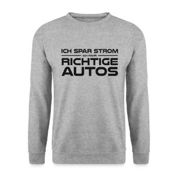 Natürlich spare ich Strom Ich fahre richtige Autos - Unisex Pullover - Weißgrau meliert - Vorne - Alina (178cm) & Michal (187cm)