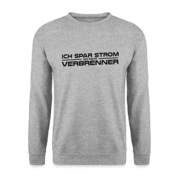 Natürlich spare ich Strom Ich fahre Verbrenner - Unisex Pullover - Weißgrau meliert - Vorne - Alina (178cm) & Michal (187cm)