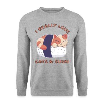 J’adore les chats et les sushis - Sweat-shirt Unisexe - gris chiné - Devant - Alina (178cm) & Michal (187cm)