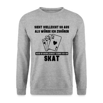 in Wirklichkeit denke ich an Skat - Unisex Pullover - Weißgrau meliert - Vorne - Alina (178cm) & Michal (187cm)