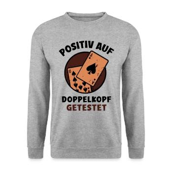 Positiv auf Doppelkopf getestet - Unisex Pullover - Weißgrau meliert - Vorne - Alina (178cm) & Michal (187cm)