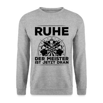 Ruhe Der Meister Ist Jetzt Dran Dartspieler Darter - Unisex Pullover - Weißgrau meliert - Vorne - Alina (178cm) & Michal (187cm)