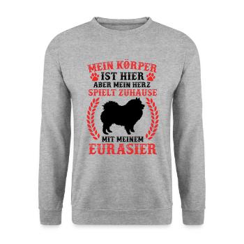 Eurasier spielt Zuhause Spitz Eurasian Dog - Unisex Pullover - Weißgrau meliert - Vorne - Alina (178cm) & Michal (187cm)