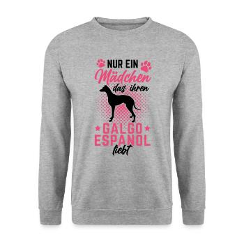 Mädchen liebt Galgo Espanol Spanischer Windhund - Unisex Pullover - Weißgrau meliert - Vorne - Alina (178cm) & Michal (187cm)