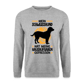 Hannoverscher Schweißhund Hausaufgaben gefressen - Unisex Pullover - Weißgrau meliert - Vorne - Alina (178cm) & Michal (187cm)