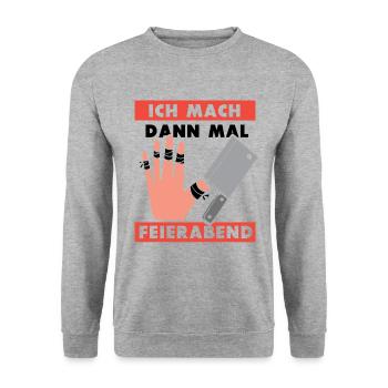 Ich mach dann mal feierabend Metzger Fleischer - Unisex Pullover - Weißgrau meliert - Vorne - Alina (178cm) & Michal (187cm)