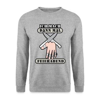 Ich mach dann mal feierabend Metzger Fleischer - Unisex Pullover - Weißgrau meliert - Vorne - Alina (178cm) & Michal (187cm)