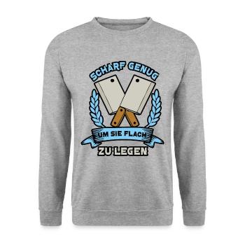 Scharf genug um sie flach zu legen Metzger - Unisex Pullover - Weißgrau meliert - Vorne - Alina (178cm) & Michal (187cm)