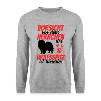 Vorsicht vor dem Wolfsspitz Deutscher Keeshond - Unisex Pullover - Weißgrau meliert - Vorne - Alina (178cm) & Michal (187cm)