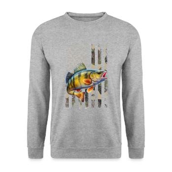 Yellow Perch american flag, Yellow Perch - Unisex Pullover - Weißgrau meliert - Vorne - Alina (178cm) & Michal (187cm)