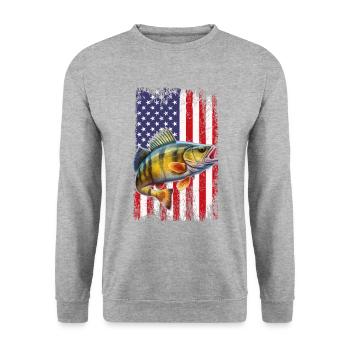 Yellow Perch american flag, Yellow Perch - Unisex Pullover - Weißgrau meliert - Vorne - Alina (178cm) & Michal (187cm)