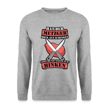 Hat der Metzger Bock auf Schinken Fleischer - Unisex Pullover - Weißgrau meliert - Vorne - Alina (178cm) & Michal (187cm)