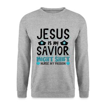 Jesus is my savior Night Shift Nurse - Unisex Pullover - Weißgrau meliert - Vorne - Alina (178cm) & Michal (187cm)