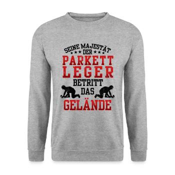 Parkettleger betritt das Gelände Fußbodenleger - Unisex Pullover - Weißgrau meliert - Vorne - Alina (178cm) & Michal (187cm)