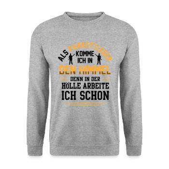 Parkettleger kommt in den Himmel Fußbodenleger - Unisex Pullover - Weißgrau meliert - Vorne - Alina (178cm) & Michal (187cm)