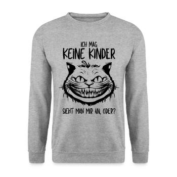 Ich mag keine Kinder - Grinsekatze Lustiger Spruch - Unisex Pullover - Weißgrau meliert - Vorne - Alina (178cm) & Michal (187cm)