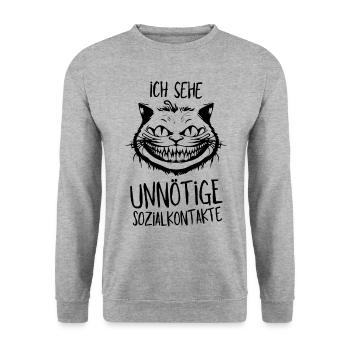 Grinsekatze - Ich sehe unnötige Sozialkontakte - Unisex Pullover - Weißgrau meliert - Vorne - Alina (178cm) & Michal (187cm)