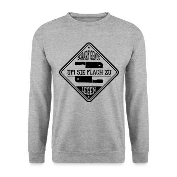 Scharf genug um sie flach zu legen Metzger - Unisex Pullover - Weißgrau meliert - Vorne - Alina (178cm) & Michal (187cm)