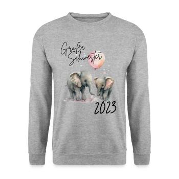 Große Schwester 2023 Süße Elefanten mit Luftballon - Unisex Pullover - Weißgrau meliert - Vorne - Alina (178cm) & Michal (187cm)