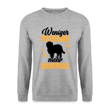 Weniger Menschen mehr Schafpudel Hütepudel - Unisex Pullover - Weißgrau meliert - Vorne - Alina (178cm) & Michal (187cm)