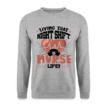 Living that Night Shift Nurse life - Unisex Pullover - Weißgrau meliert - Vorne - Alina (178cm) & Michal (187cm)