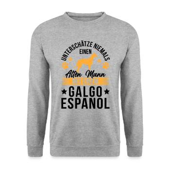 Alter Mann mit Galgo Espanol Spanischer Windhund - Unisex Pullover - Weißgrau meliert - Vorne - Alina (178cm) & Michal (187cm)