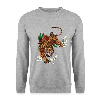 Tiger Katze Raubtier aus der Wildnis Asiatisch - Unisex Pullover - Weißgrau meliert - Vorne - Alina (178cm) & Michal (187cm)