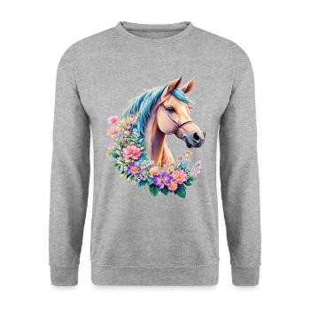 Aquarell Pony Pferd Liebe und Glück mit Blumen - Unisex Pullover - Weißgrau meliert - Vorne - Alina (178cm) & Michal (187cm)