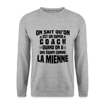 Un Super Coach Cadeau Entraîneur Sportif Humour - Sweat-shirt Unisexe - gris chiné - Devant - Alina (178cm) & Michal (187cm)