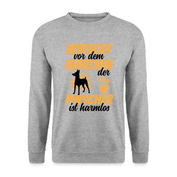 Vorsicht vor dem Zwergpinscher Rehpinscher - Unisex Pullover - Weißgrau meliert - Vorne - Alina (178cm) & Michal (187cm)
