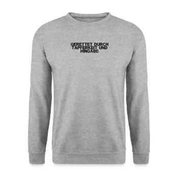 Feuerwehr - Gerettet durch Tapferkeit und Hingabe - Unisex Pullover - Weißgrau meliert - Vorne - Alina (178cm) & Michal (187cm)