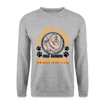 Leben mit Wolfsspitz Deutscher Keeshond - Unisex Pullover - Weißgrau meliert - Vorne - Alina (178cm) & Michal (187cm)