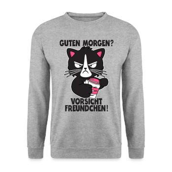 Katze Kaffee Morgenmuffel Langschläfer Geschenk - Unisex Pullover - Weißgrau meliert - Vorne - Alina (178cm) & Michal (187cm)