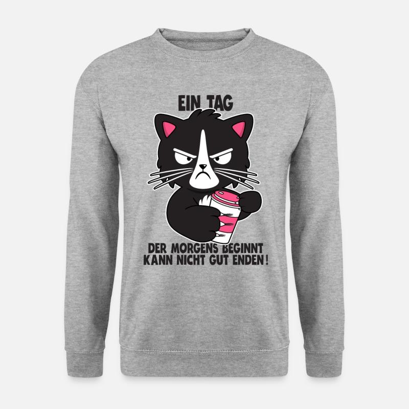 Katze Kaffee Morgenmuffel Faul Spruch Geschenk - Unisex Pullover - Weißgrau meliert