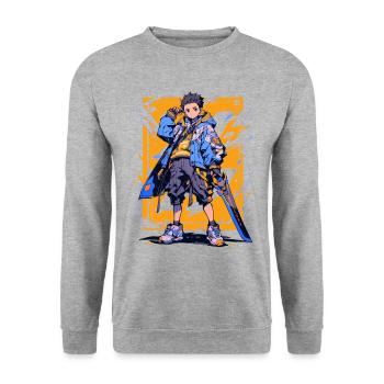 Shibuya: Cool Anime Boy avec épée japonaise - Sweat-shirt Unisexe - gris chiné - Devant - Alina (178cm) & Michal (187cm)