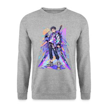 Shibuya: Cool Anime Boy avec épée japonaise - Sweat-shirt Unisexe - gris chiné - Devant - Alina (178cm) & Michal (187cm)