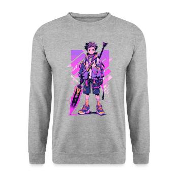 Shibuya: Cool Anime Boy avec épée japonaise - Sweat-shirt Unisexe - gris chiné - Devant - Alina (178cm) & Michal (187cm)