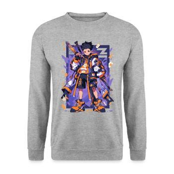 Shibuya: Cool Anime Boy avec épée japonaise - Sweat-shirt Unisexe - gris chiné - Devant - Alina (178cm) & Michal (187cm)