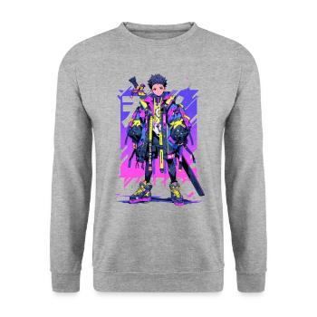 Shibuya: Cooler Anime Junge mit Schwert Japanisch - Unisex Pullover - Weißgrau meliert - Vorne - Alina (178cm) & Michal (187cm)