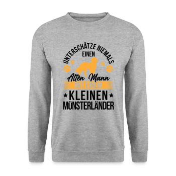 Alter Mann mit einem Kleiner Münsterländer - Unisex Pullover - Weißgrau meliert - Vorne - Alina (178cm) & Michal (187cm)