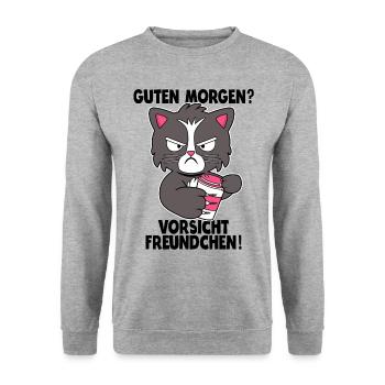 Katze Kaffee Morgenmuffel Langschläfer Geschenk - Unisex Pullover - Weißgrau meliert - Vorne - Alina (178cm) & Michal (187cm)