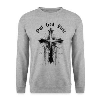 Put God First Christen Kreuz Christlich Jesus - Unisex Pullover - Weißgrau meliert - Vorne - Alina (178cm) & Michal (187cm)