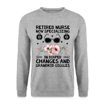 Grand-mère retraitée Pension Infirmière infirmière en soins infirmiers - Sweat-shirt Unisexe - gris chiné - Devant - Alina (178cm) & Michal (187cm)