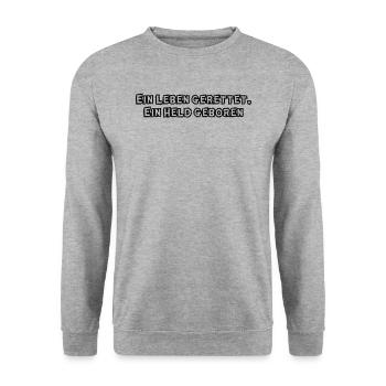 Feuerwehr - Ein Leben gerettet. Ein Held geboren - Unisex Pullover - Weißgrau meliert - Vorne - Alina (178cm) & Michal (187cm)