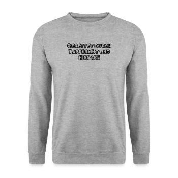 Feuerwehr - Gerettet durch Tapferkeit und Hingabe - Unisex Pullover - Weißgrau meliert - Vorne - Alina (178cm) & Michal (187cm)