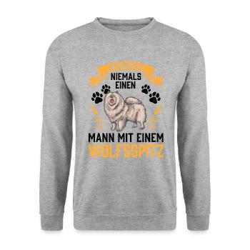 Mann mit Wolfsspitz Deutscher Keeshond - Unisex Pullover - Weißgrau meliert - Vorne - Alina (178cm) & Michal (187cm)